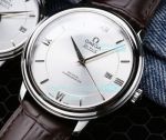 Super Copy Omega De Ville White Dial Brown Leather Strap Silver Bezel 40mm